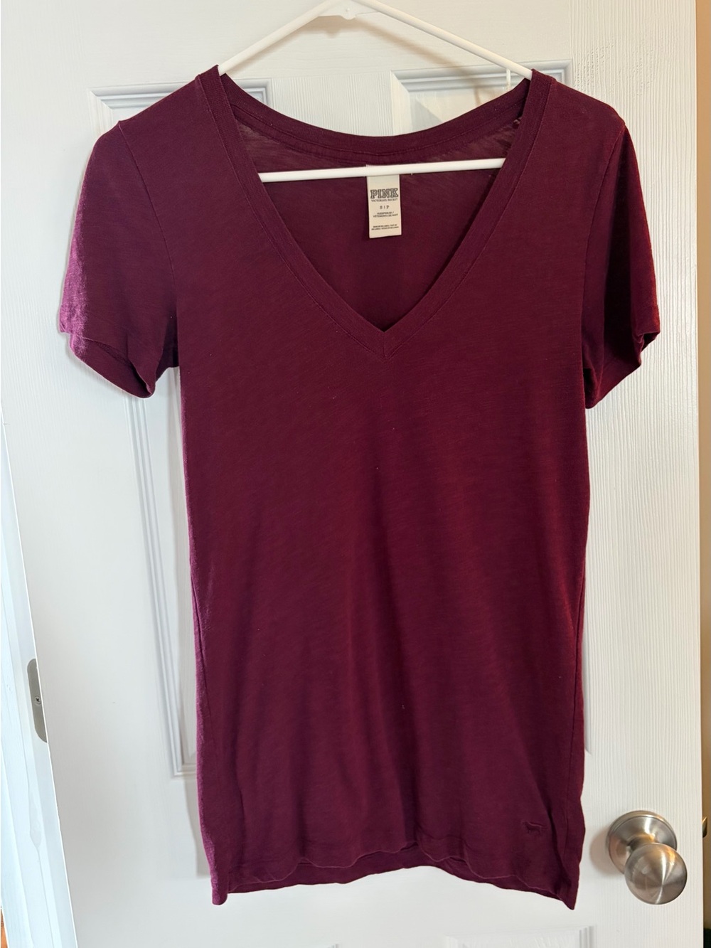 PINK Victoria's Secret Short Sleeve V-Neck Tee in Burgundy Plum